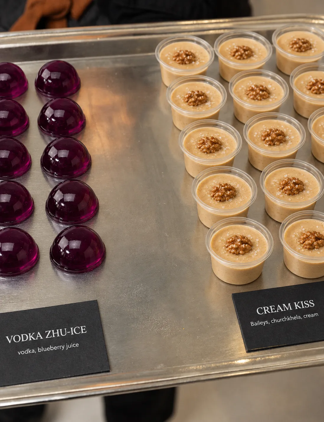 Labelled catering tray of Cream Kiss and Vodka cubes